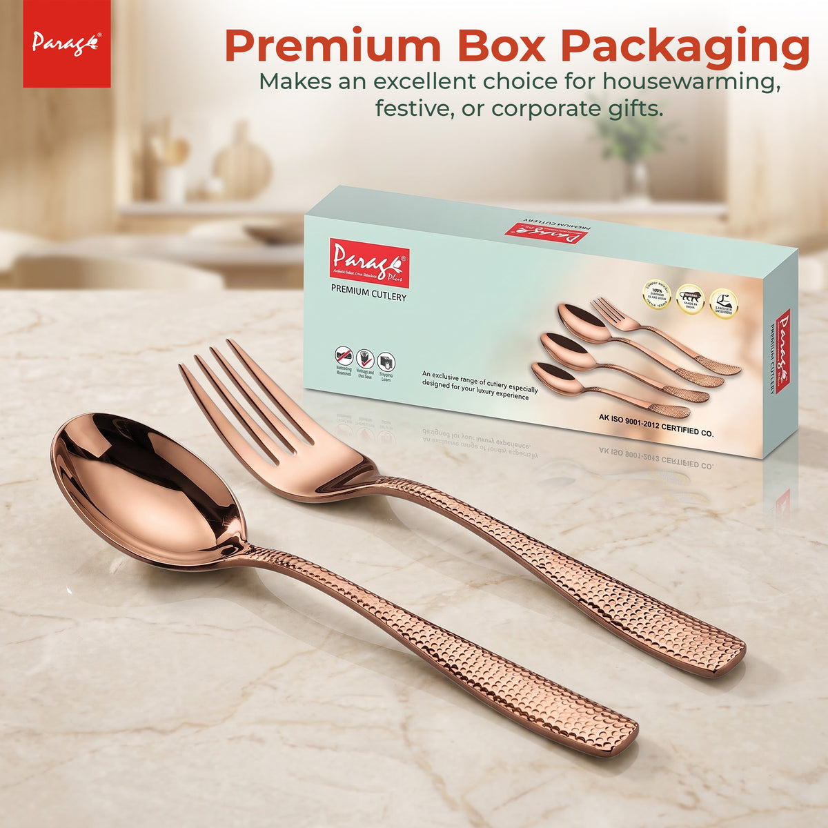 Parage Hammered Stainless Steel Rose Gold Spoon Fork Set of 12, 6 Dinner Spoons & 6 Dinner Forks, 1.7mm Heavy Gauge Cutlery Set, Mirror Finish Stainless Steel Tableware for Home Kitchen Dining