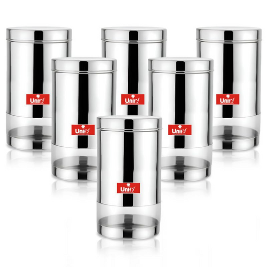 6-Piece Stainless Steel Container Set | 900ML Airtight Jars for Home & Kitchen - Ideal for Spices, Food Grains, Nuts, Glossy Finish