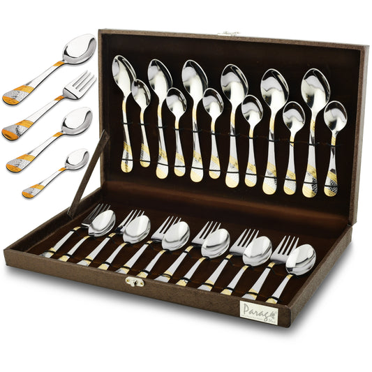 24 Pcs Premium Stainless Steel 24K Golden Cutlery Set - 6 Table Spoons, 6 Forks, 6 Dinner & Tea Spoons, Gift Box