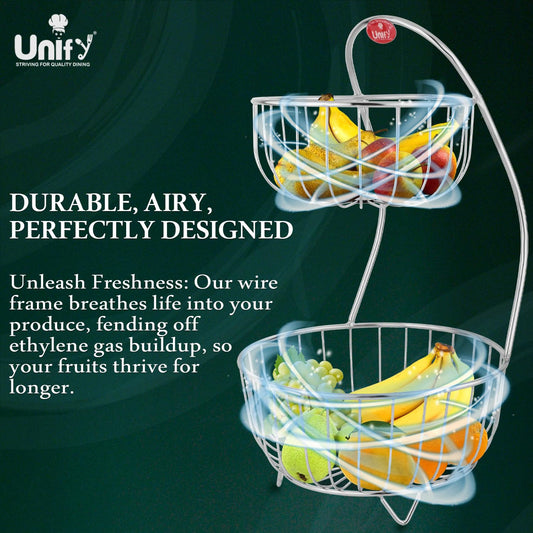 Stainless Steel 2-Tier Fruit Basket | Kitchen & Dining Table Fruit & Vegetable Storage Rack (Silver)