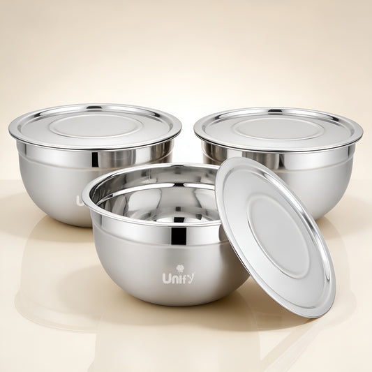 3 Pieces Stainless Steel Serving Bowl Set with Lid | Steel Mixing Big Bowls | Matt Finish, Kitchen Prep, Salad, Fruit, Desert & Storage Containers | Steel Bowl Set for Kitchen & Dining Use