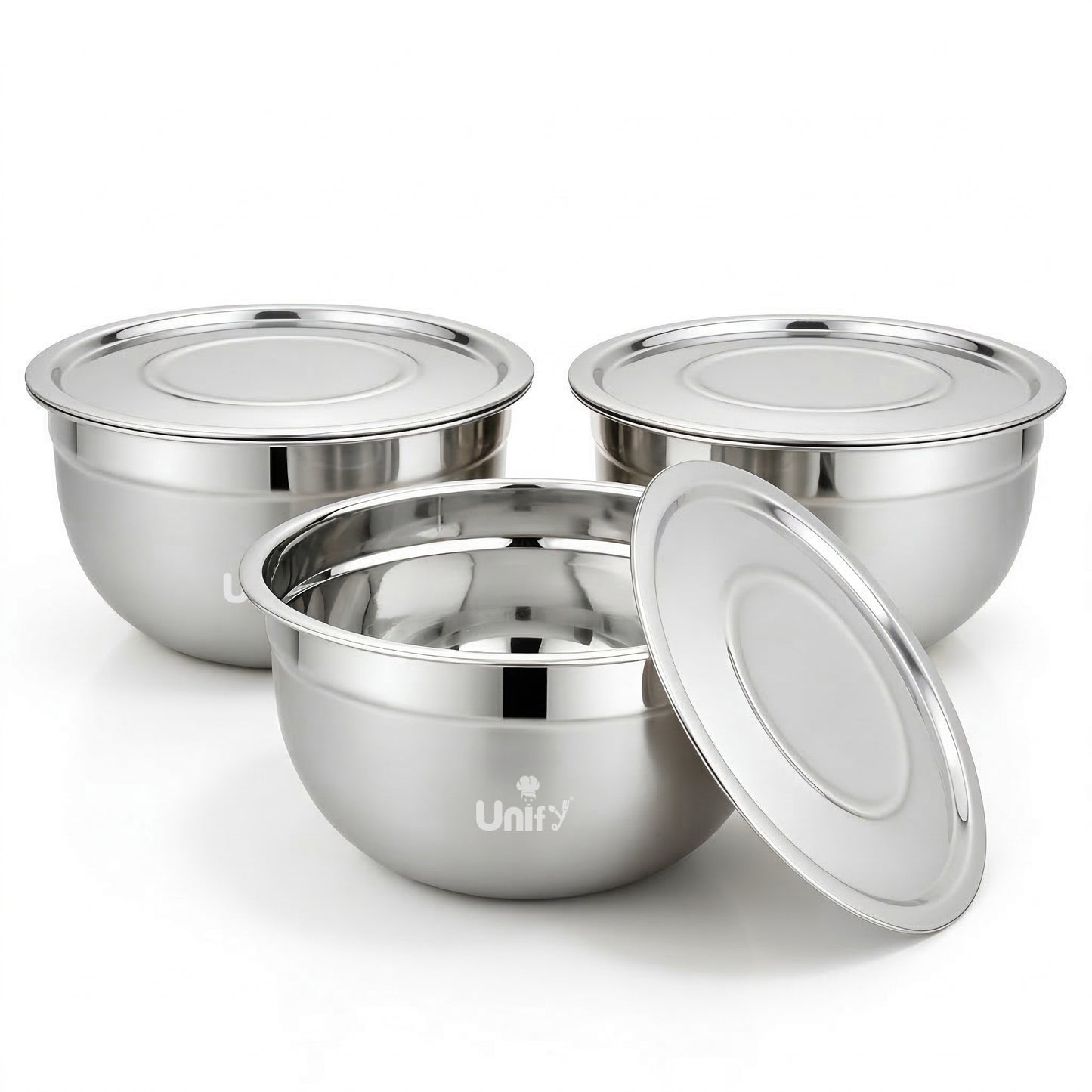 3 Pieces Stainless Steel Serving Bowl Set with Lid | Steel Mixing Big Bowls | Matt Finish, Kitchen Prep, Salad, Fruit, Desert & Storage Containers | Steel Bowl Set for Kitchen & Dining Use