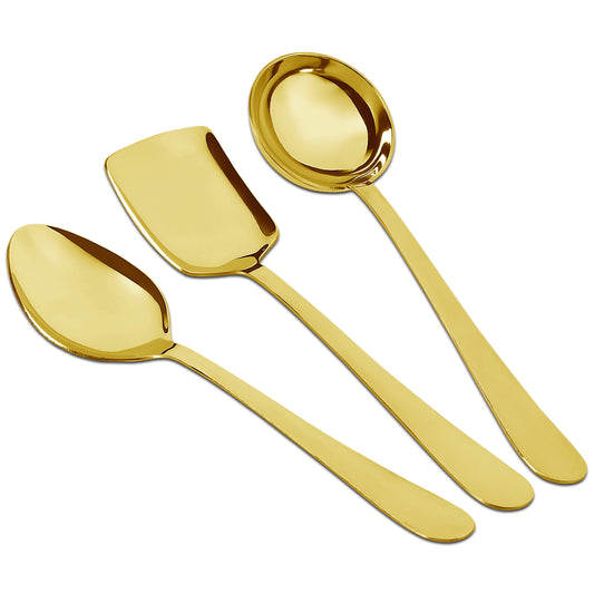 3-Piece Stainless Steel Golden Serving Spoons Set for Kitchen/Dining Table - Heavy Gauge PVD Gold (Soup Ladle, Solid Spoon, Rice Spoon)