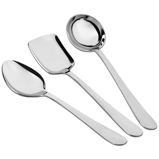 3-Piece Stainless Steel Serving Spoon Set | Heavy Gauge 1.8mm, 1 Soup, 1 Solid & 1 Rice Spoons (Silver)