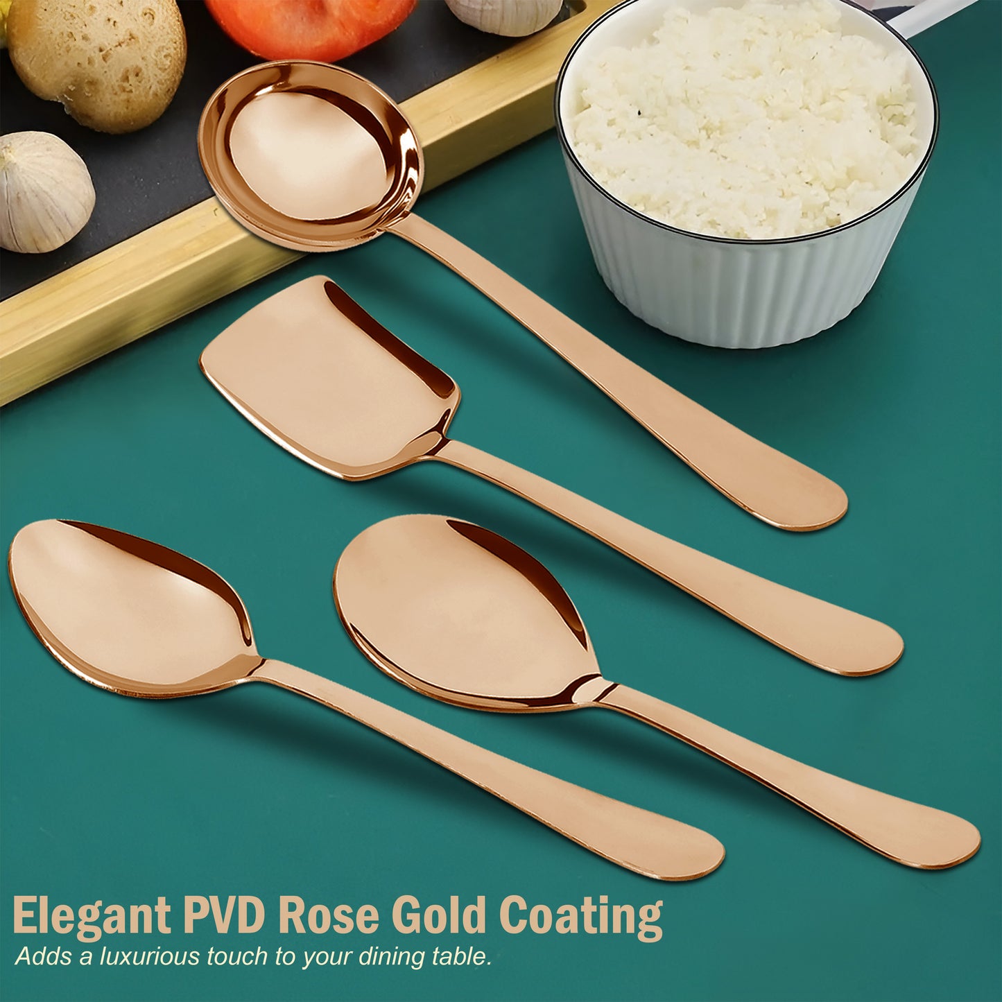 4-Piece Stainless Steel Rose Gold Serving Spoon Set | Heavy Gauge 1.8mm, 1 Soup, 1 Solid & 2 Rice Spoons
