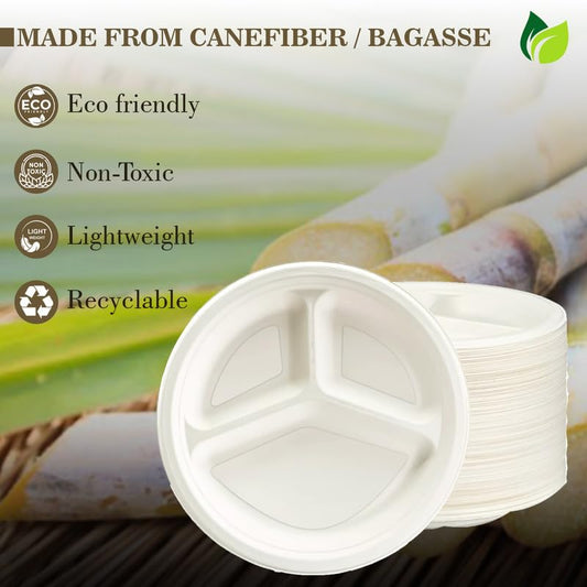50pc 3-Compartment Bagasse Meal Trays | Eco-Friendly | White