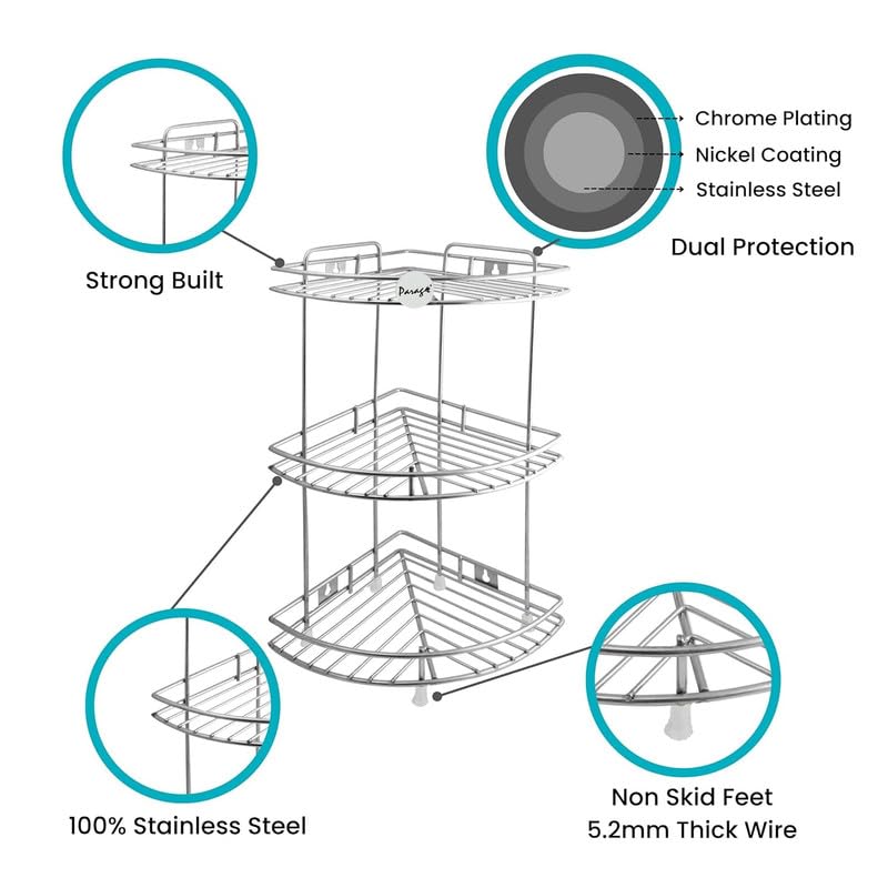 3-Tier Stainless Steel Kitchen Rack | Multipurpose Corner Shelf & Organizer, Vegetable Stand & Storage, 23×23×48 cm93CORNER1 4