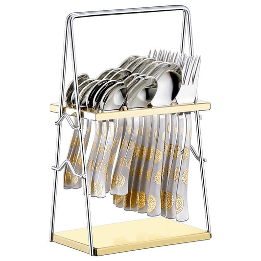 25 Pieces 24K Gold Moonpress Stainless Steel Cutlery Set - Table Spoons, Forks & Stand