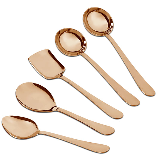 5-Piece Stainless Steel Serving Spoon Set | Heavy Gauge 1.8mm, 1 Soup, 1 Solid & 1 Rice Spoons (Steel Rose)