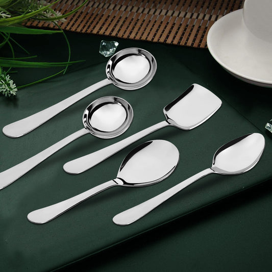 5-Piece Stainless Steel Serving Spoon Set | Heavy Gauge 1.8mm, 2 Soup, 1 Solid, 1 Rice & 1 Basting Spoons (Silver)