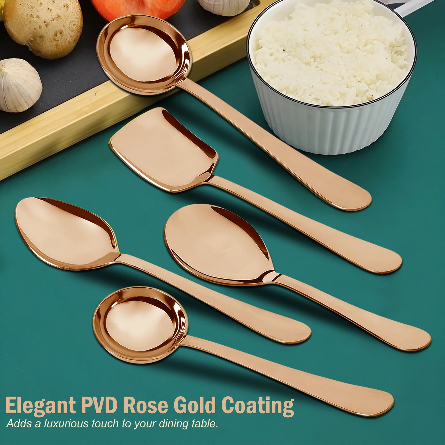 5-Piece Stainless Steel Serving Spoon Set | Heavy Gauge 1.8mm, 1 Soup, 1 Solid & 1 Rice Spoons (Steel Rose)