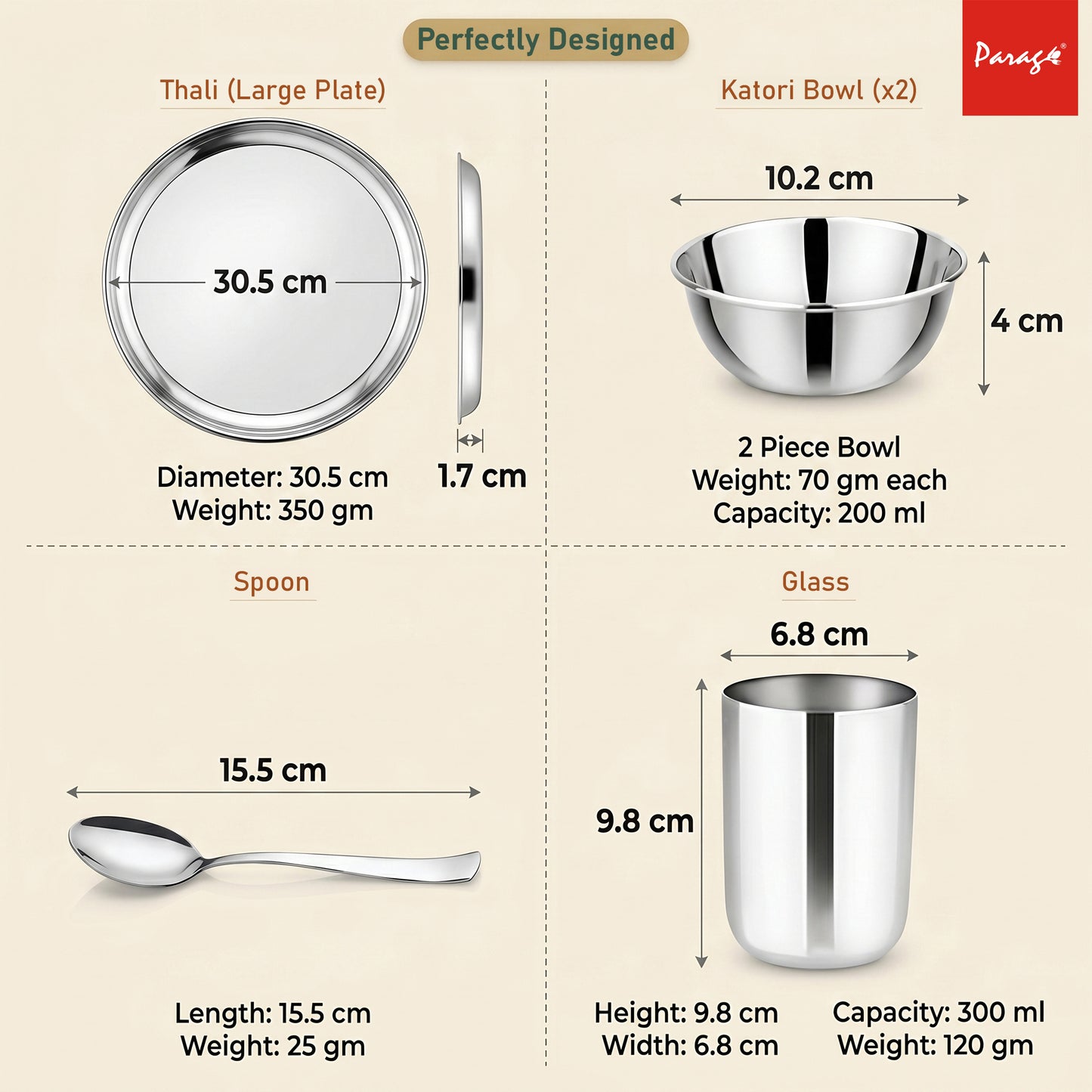 Thali Set | 5pc | Stainless Steel | Silver | Heavy Gauge