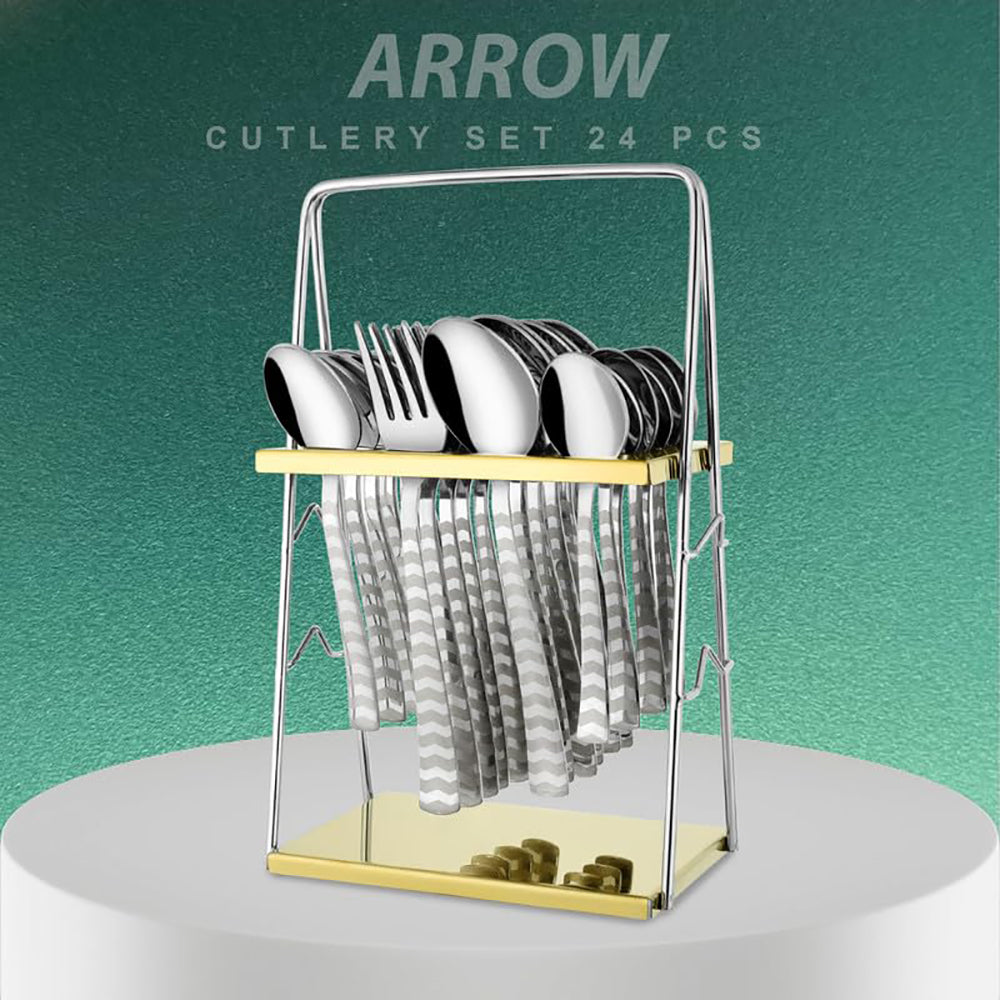 25-Piece Arrow Design Premium Stainless Steel Cutlery Set with Stand – Forks, Spoons & Tea Spoons for Stylish Dining Table