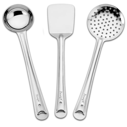 3-Piece Stainless Steel Kitchen Tools Set | Ladle, Skimmer & Turner, Silver (32-34.5 cm)