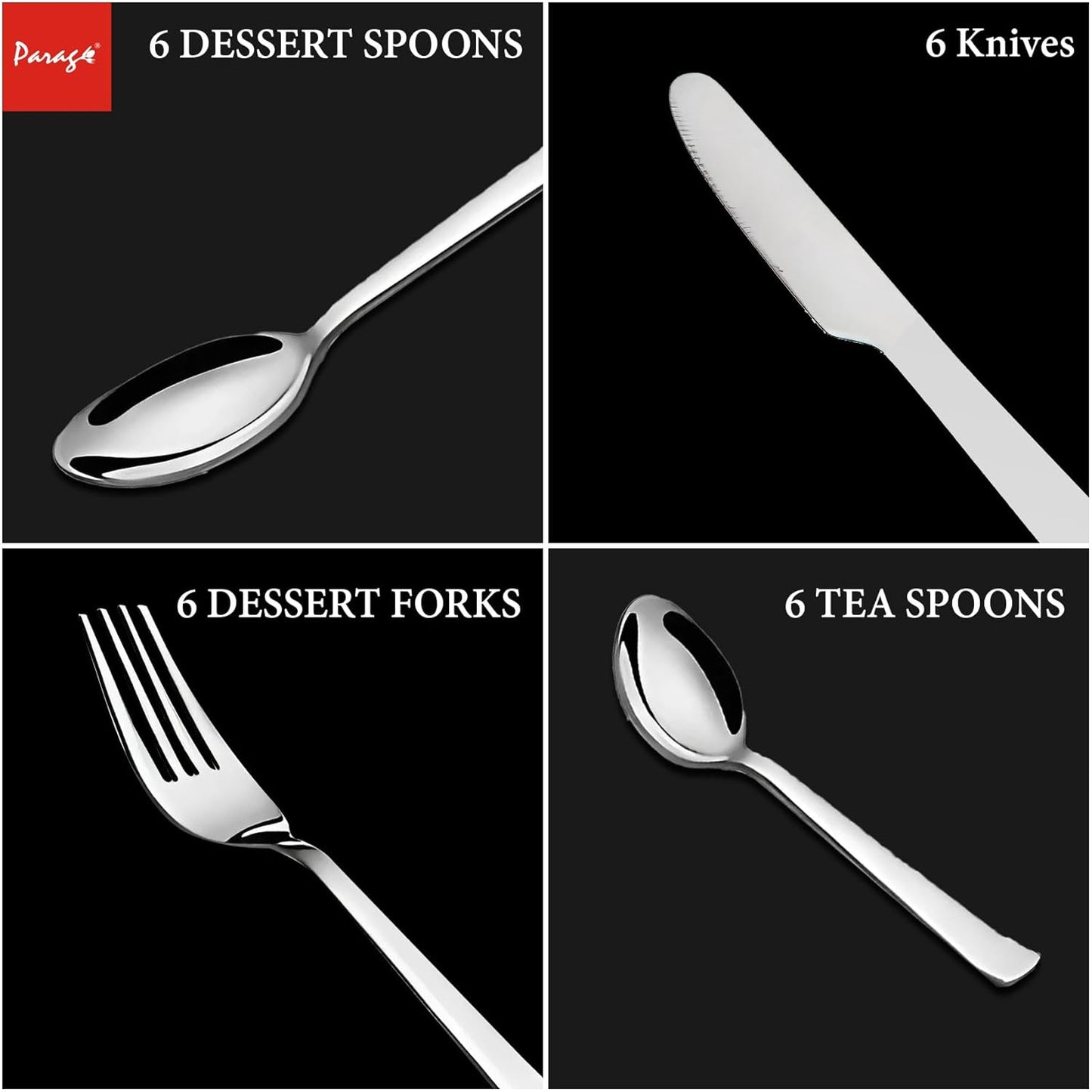 25-Piece Fantasy Stainless Steel Cutlery Set with Stand | Table Spoons, Tea Spoons, Forks & Knives (Silver)