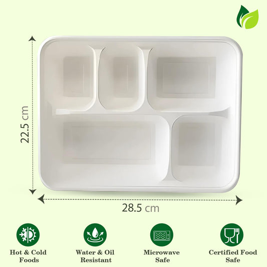50pc 5-Compartment Bagasse Meal Trays | Eco-Friendly | White
