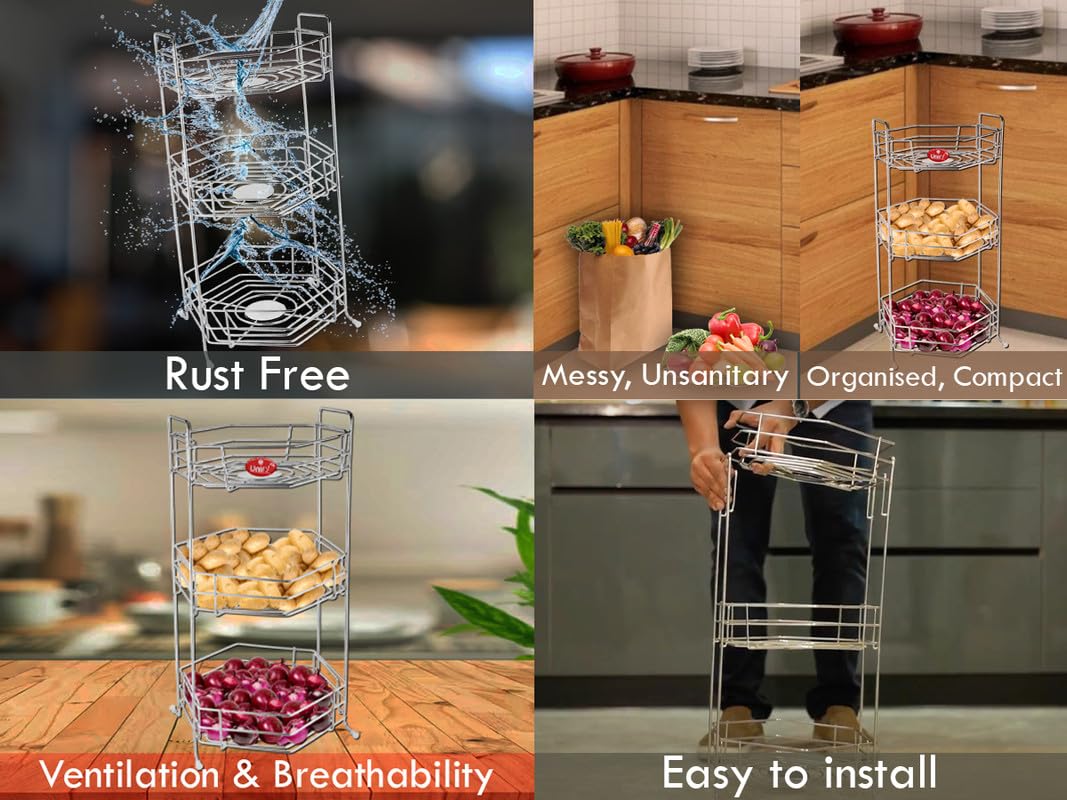 Stainless Steel 3-Tier Fruits & Vegetables Basket | Kitchen & Pantry Storage Organizer (Hexa) HEXA3BSKTE 4