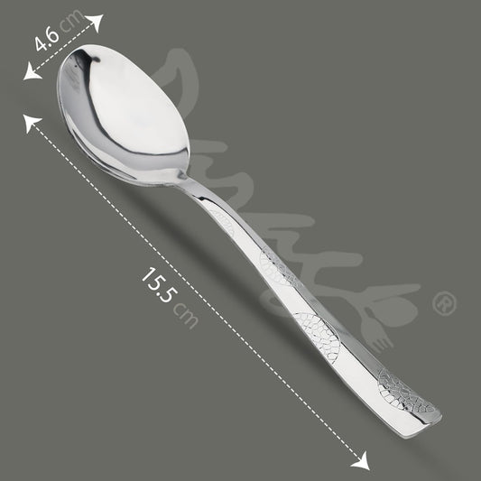 6 Pcs Stainless Steel Dinner Spoon Set | 15.5cm, Premium Spoons for Home & Kitchen, Luxury Tableware, Housewarming Gift, Silver, Moonpress Design
