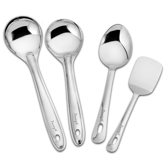 4-Piece Stainless Steel Kitchen Tools Set | Includes Serving Spoon, Turner, Basting Spoon, Rice Spoon, Silver Finish (26.5cm, 25cmx2, 23cm)