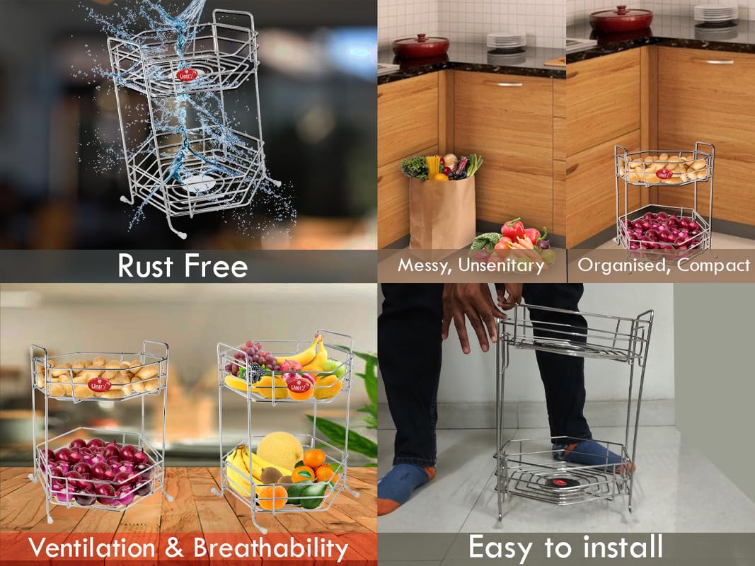 Stainless Steel 2-Tier Fruits & Vegetables Basket | Kitchen & Pantry Storage Organizer (Hexa) HEXA2BSKTE 4