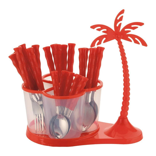 25-Piece Stainless Steel Cutlery Set | Red Storage Box & Stand, Includes 6 Table Spoons, 6 Forks, 6 Soup Spoons, 6 Tea Spoons for Kitchen & Dining