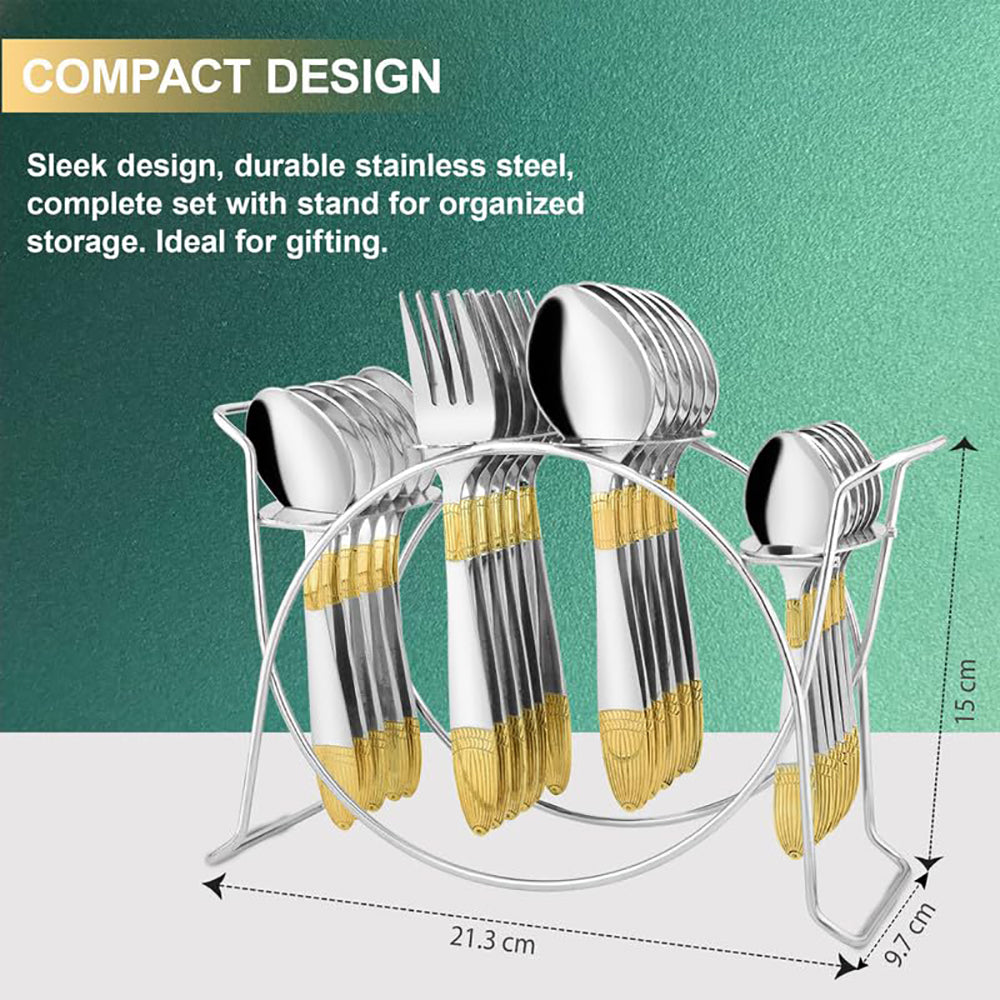 25-Piece Ivory Gold Stainless Steel Cutlery Set with Stand | 24K Gold Plated Spoons & Forks