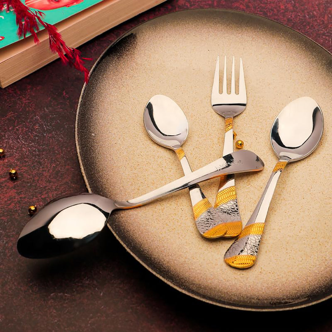 24 Pcs Premium Stainless Steel 24K Golden Cutlery Set - 6 Table Spoons, 6 Forks, 6 Dinner & Tea Spoons, Gift Box