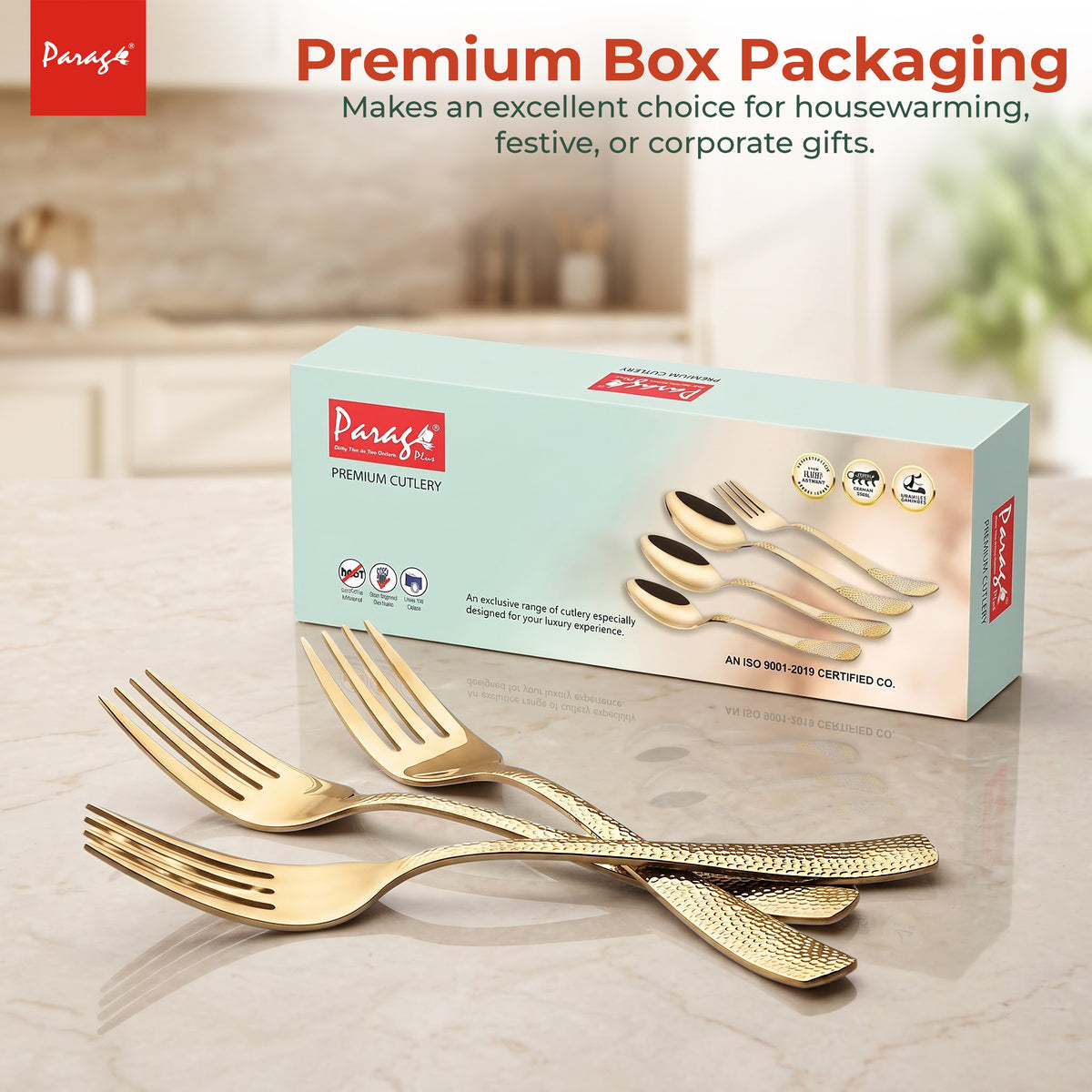 Parage Hammered Stainless PVD Gold Steel Dinner Fork Set of 6, 16.5 cm Length Table Forks with 1.7 mm Thickness Heavy Gauge Thickness, Mirror Finish Cutlery for Home Kitchen Dining