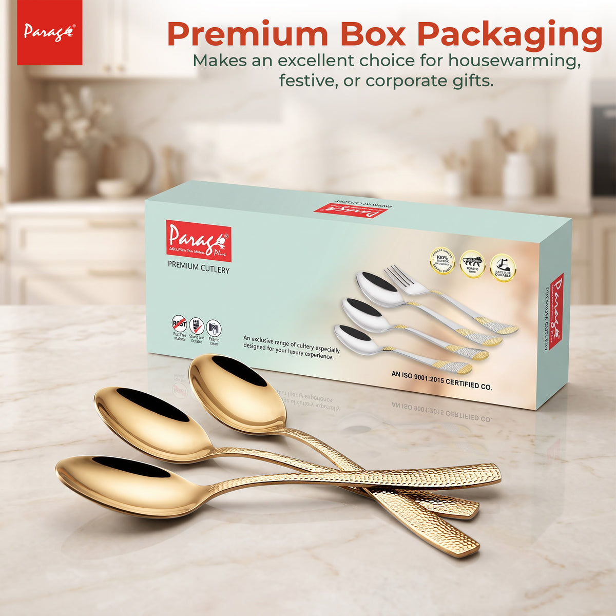 Parage Hammered Stainless PVD Gold Steel Spoon Set of 6, 16.5cm Dinner Spoons, 1.7mm Thickness Heavy Gauge Cutlery Set with Mirror Finish, Tableware Spoons for Home Kitchen Dining