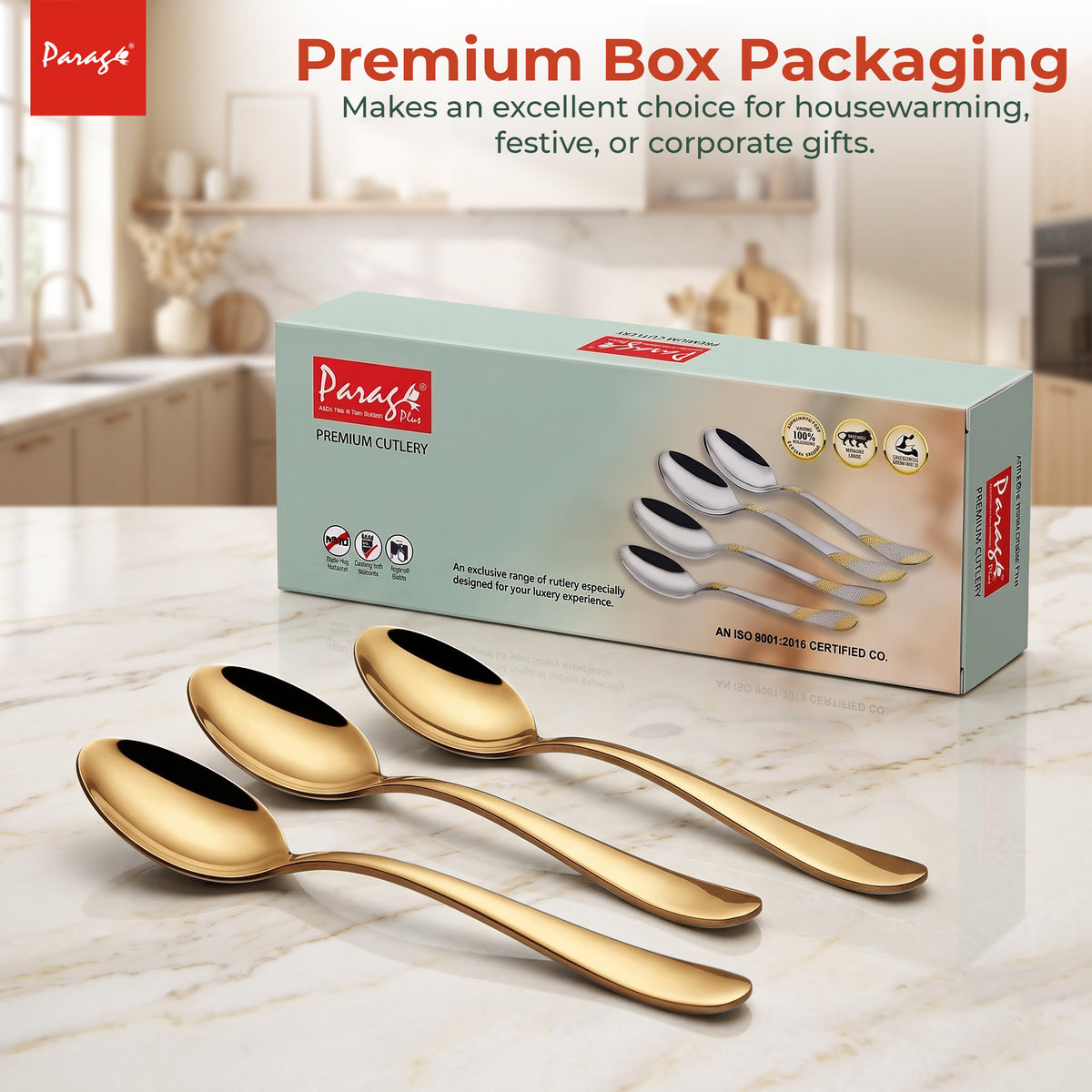 Parage Tiara Stainless Steel PVD Gold Coffee Spoon Set of 6, 11.7 cm Length Small Tea Spoons, 2mm Thickness Heavy Gauge Mirror Finish Cutlery for Tea Coffee Dessert Home Kitchen Dining