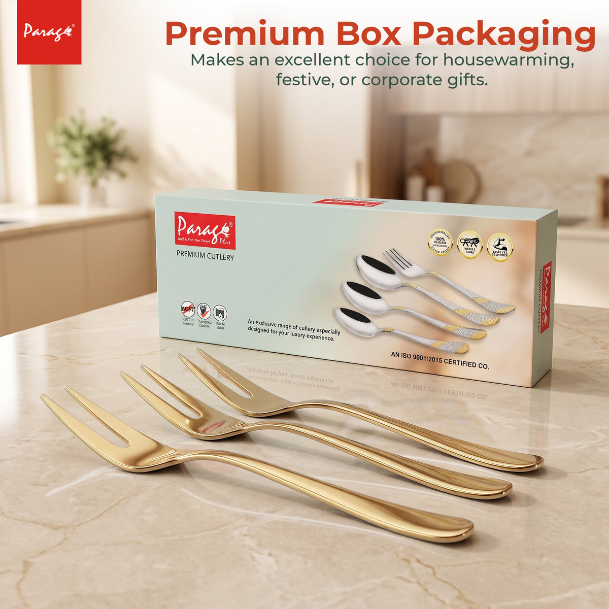 Parage TIARA Stainless Steel PVD Gold Fruit Fork Set of 6, 2MM Heavy Gauge Food Grade Cutlery, 12.5 CM Length, Mirror Finish Table Forks, Rust Resistant Flatware for Kitchen Hotel Restaurant Dining