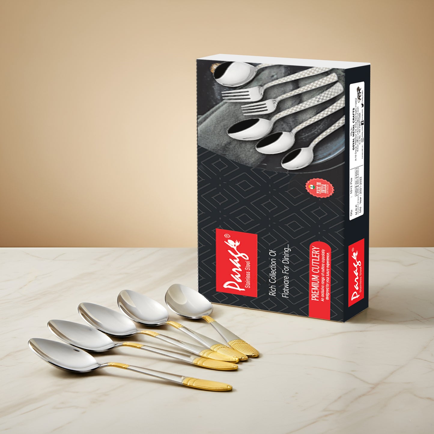6-Piece Stainless Steel 24K Gold Tea Spoon Set | 14cm Premium Small Spoons, Luxury Tableware & Gift (Ivory Design)
