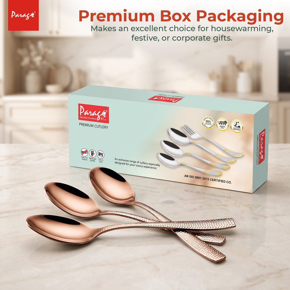 Parage Hammered Stainless Rose Gold Steel Spoon Set of 6, 16.5cm Dinner Spoons, 1.7mm Thickness Heavy Gauge Cutlery Set with Mirror Finish, Tableware Spoons for Home Kitchen Dining