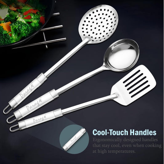3 Pieces Stainless Steel Kitchen Tool Set for Cooking & Serving - Turner, Skimmer & Ladle with Dual Tone Handle (Silver)