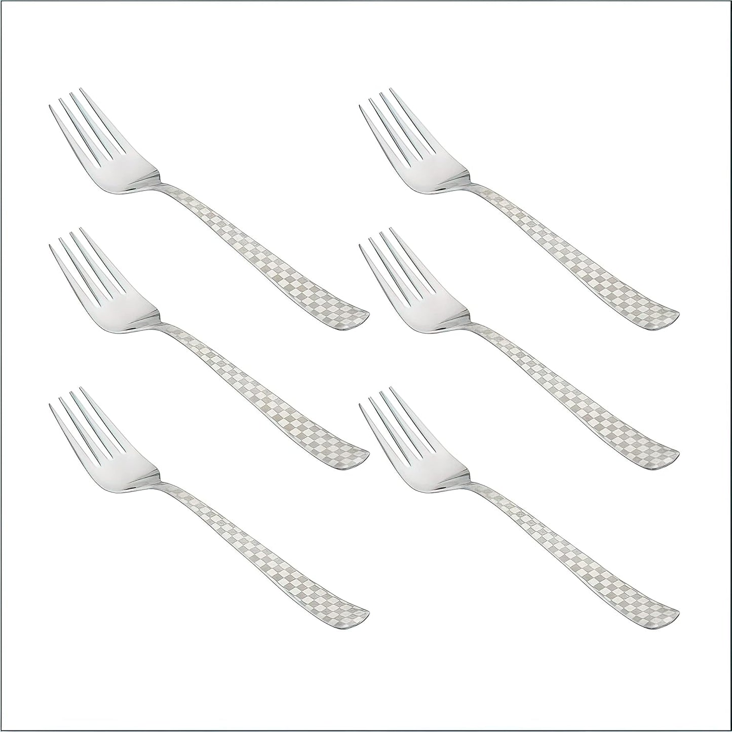 6-Piece Stainless Steel Forks Set | 18.5cm Dessert & Fruit Forks with Checks Design - Shiny Sturdy Handle Tableware for Home & Kitchen