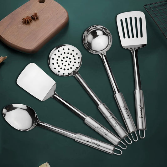 5-Piece Stainless Steel Kitchen Tool Set with Pipe Handle | Cooking Utensils, 35 cm, Silver
