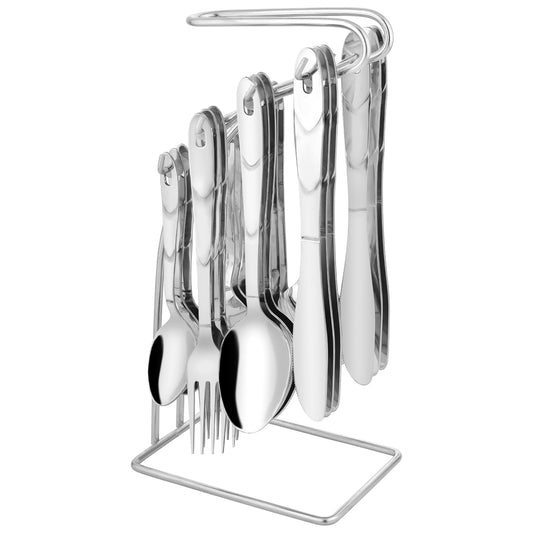 25 Pcs Creta Stainless Steel Cutlery Set - 6 Table Spoons, 6 Forks, 6 Tea Spoons, 6 Knives & Stand, Silver