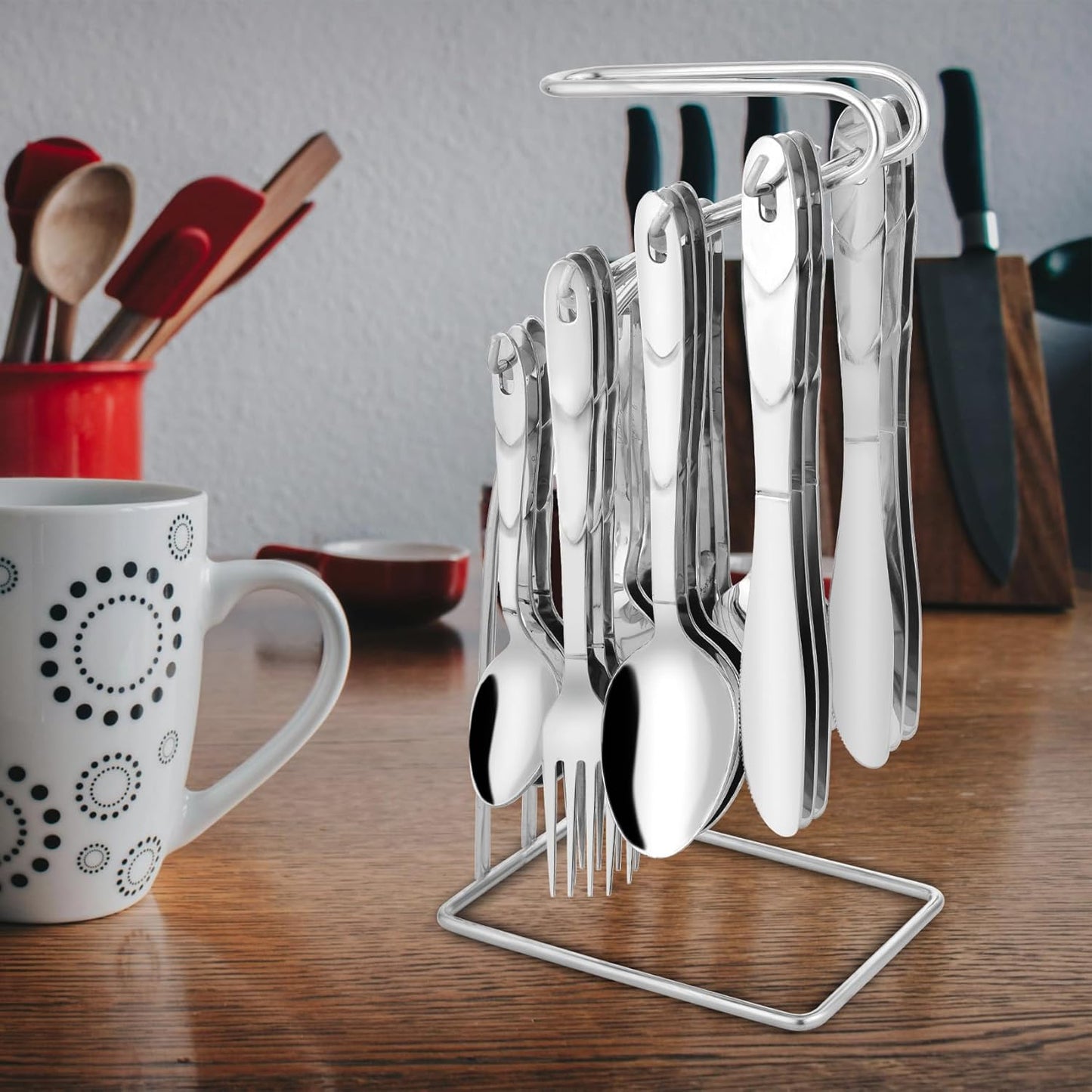25 Pcs Creta Stainless Steel Cutlery Set - 6 Table Spoons, 6 Forks, 6 Tea Spoons, 6 Knives & Stand, SilverCRETAPARAG1 4
