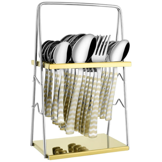 25-Piece Arrow Design Premium Stainless Steel Cutlery Set with Stand – Forks, Spoons & Tea Spoons for Stylish Dining Table