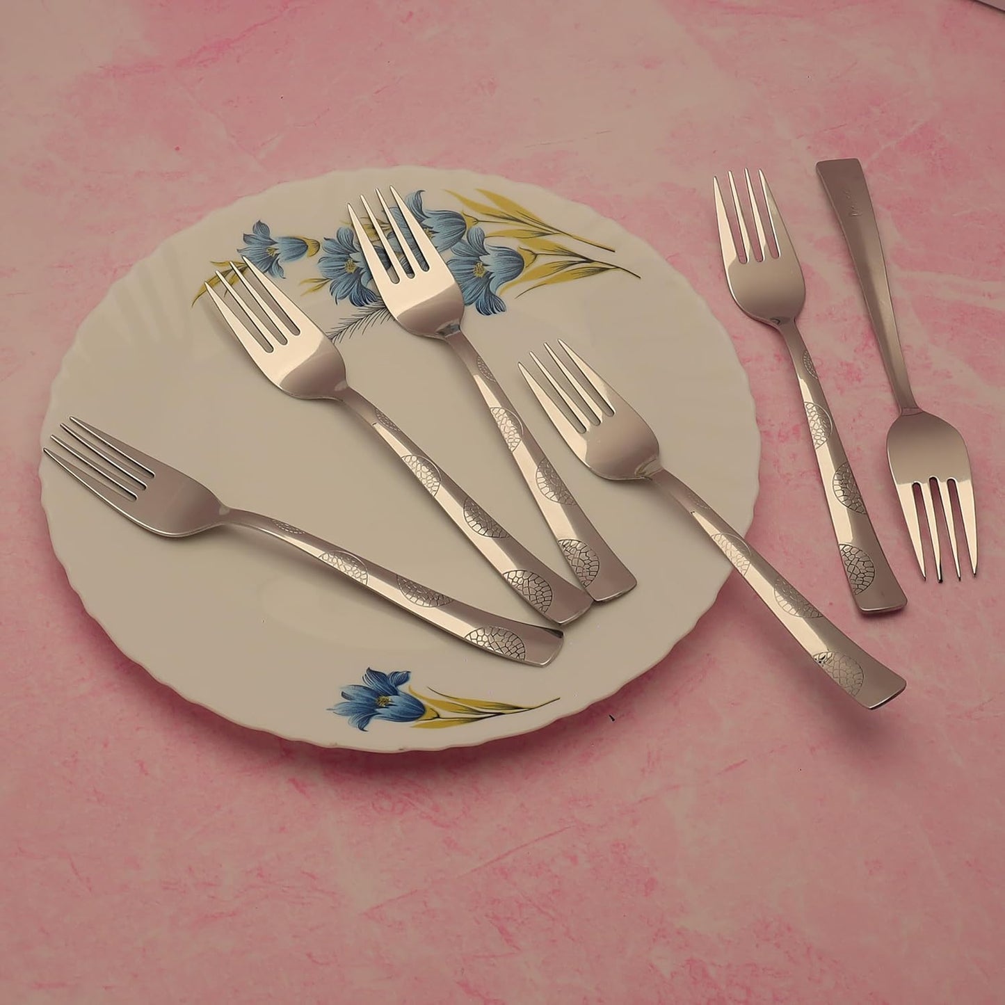6 Pieces Stainless Steel Forks Set, 19 cm Premium Silver Dining Cutlery with Moonpress Design - Luxury Forks for Home & Kitchen