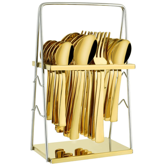 25-Piece PVD Gold Premium Stainless Steel Cutlery Set with Stand – Forks, Spoons & Tea Spoons for Elegant Dining Table