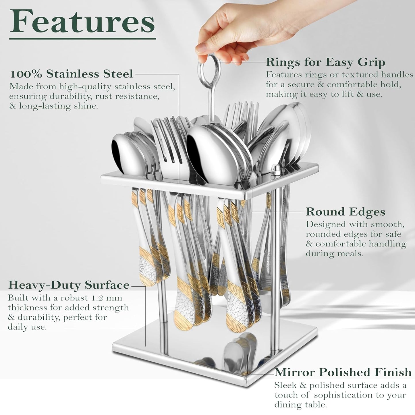 25-Piece Luxury Stainless Steel Golden Cutlery Set | 24K Gold Plated Spoons & Forks, Stand Included - Home & Dining TablePPSAPIMPLG1 4