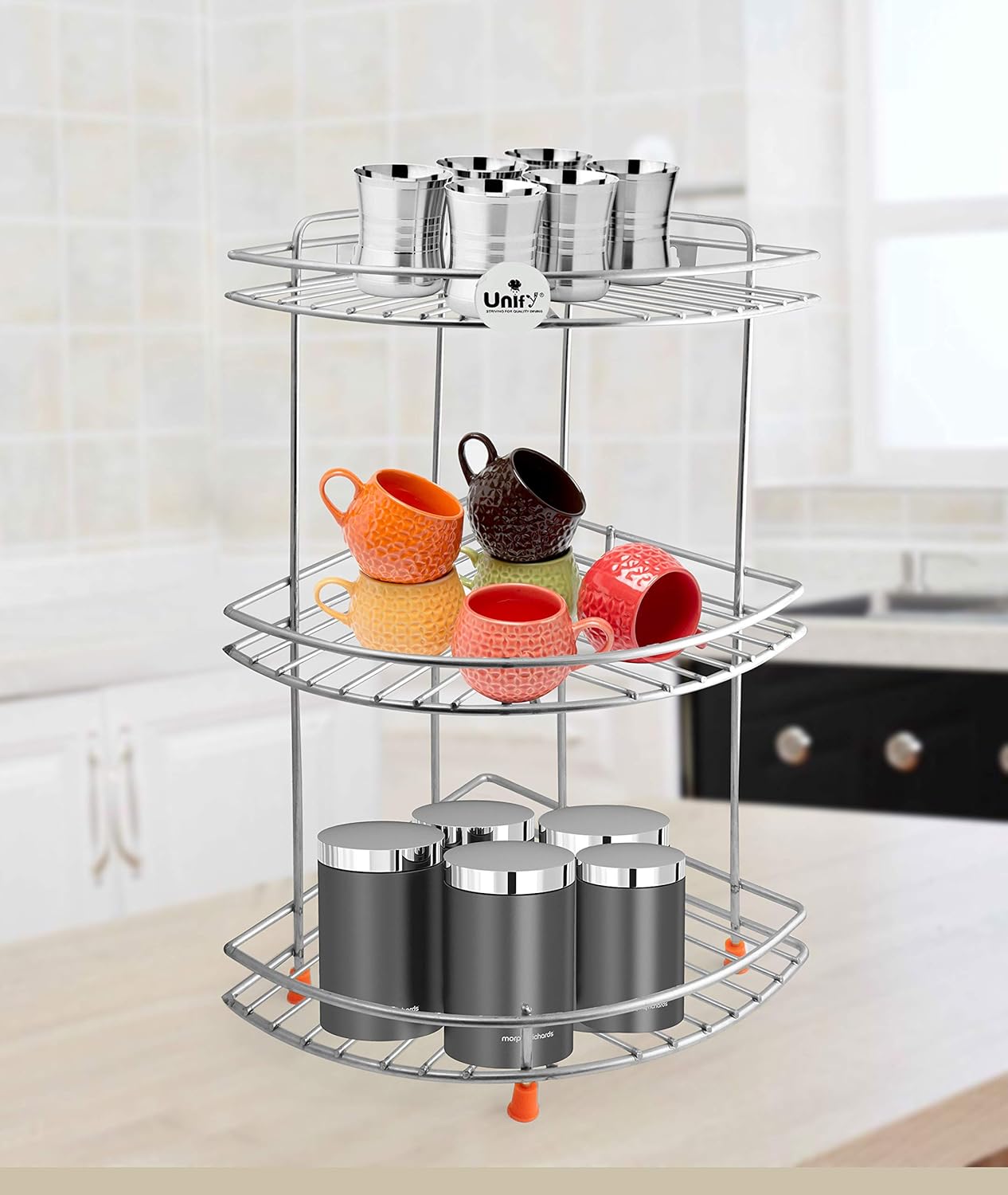 3-Tier Stainless Steel Kitchen Rack | Multipurpose Organizer & Corner Shelf for Kitchen & Bathroom, 23×23×48 cm (Chrome)93cornerstand1 4