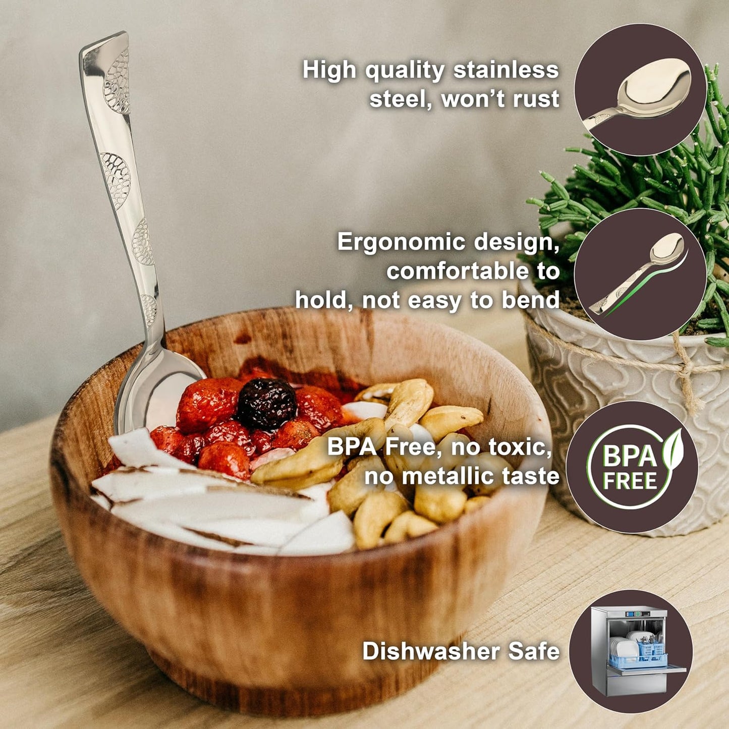6 Pcs Stainless Steel Dinner Spoon Set | 15.5cm, Premium Spoons for Home & Kitchen, Luxury Tableware, Housewarming Gift, Silver, Moonpress Design 6PPMNPBS 4