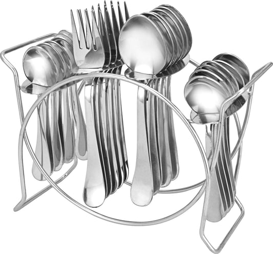 Parage 25 Pieces Aura Stainless Steel Cutlery Set with Stand for Home & Kitchen (Contains: 6 Table Spoons, 6 Forks, 6 Tea Spoons, 6 Dinner Spoons, 1 Stand), Silver