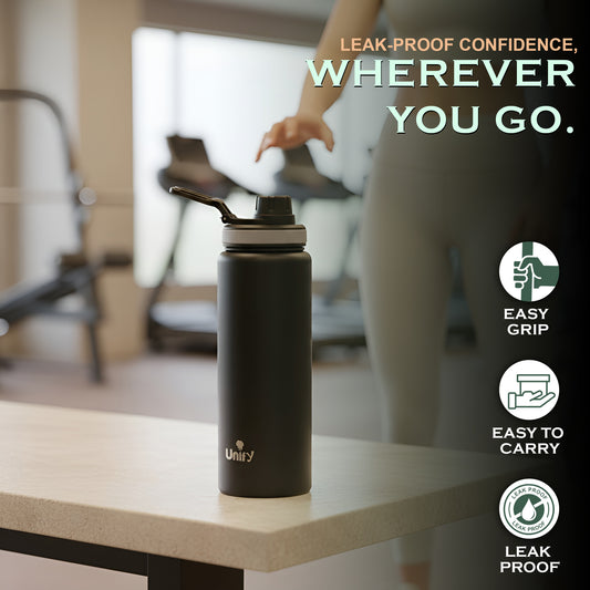 1 Piece Stainless Steel Sipper Bottle 1000ml | Leak Proof Single Wall Fridge Bottle | Easy to Carry Handle for Gym, Office, School, Travel & Trekking | Slim Design (Black, 25.5cm)