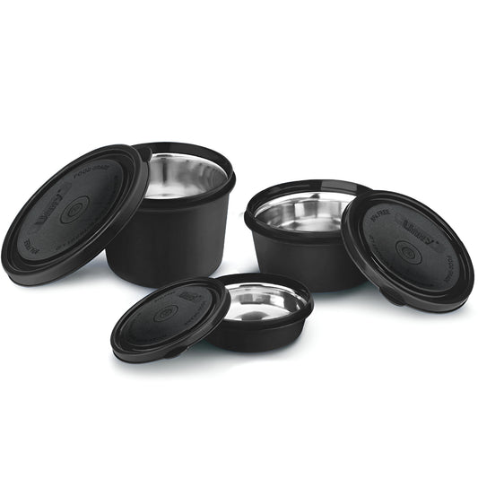 3 Pieces Stainless Steel Lunch Box | Microwave Safe Leak-Proof Food Storage Containers with Lids for Office, School, Kitchen (Black, Capacity - 600ml, 400ml, 250ml)