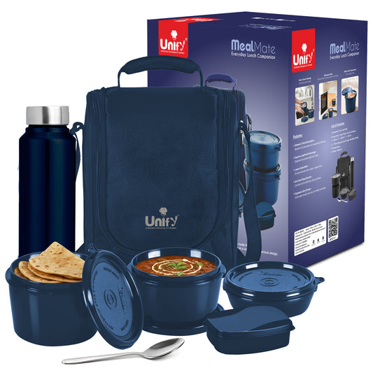 MealMate Lunch Box with 3 Microwave Safe Inner Steel Containers (500ml, 350ml, 200ml), 130ml Plastic Chutney Dabba, Water Bottle 750ml & Spoon | Office Tiffin with Insulated Bag, Blue