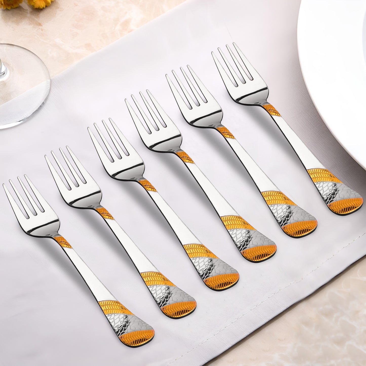 6-Piece Stainless Steel 24K Gold Dinner Forks | 16cm Premium Cutlery, Imperial Design, Luxury Tableware for Home & Kitchen