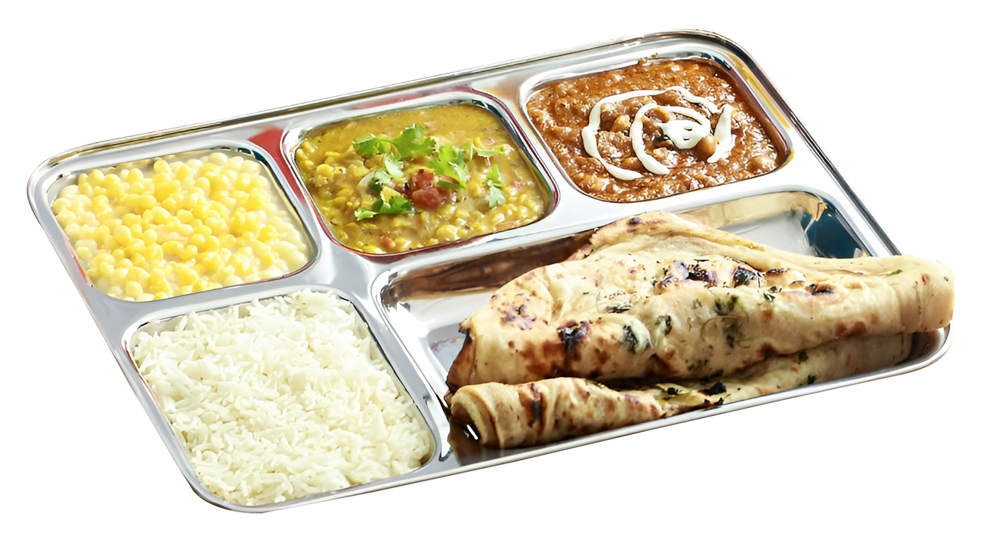 6pc Stainless Steel 5-Compartment Thali | Dinner Plate | Silver